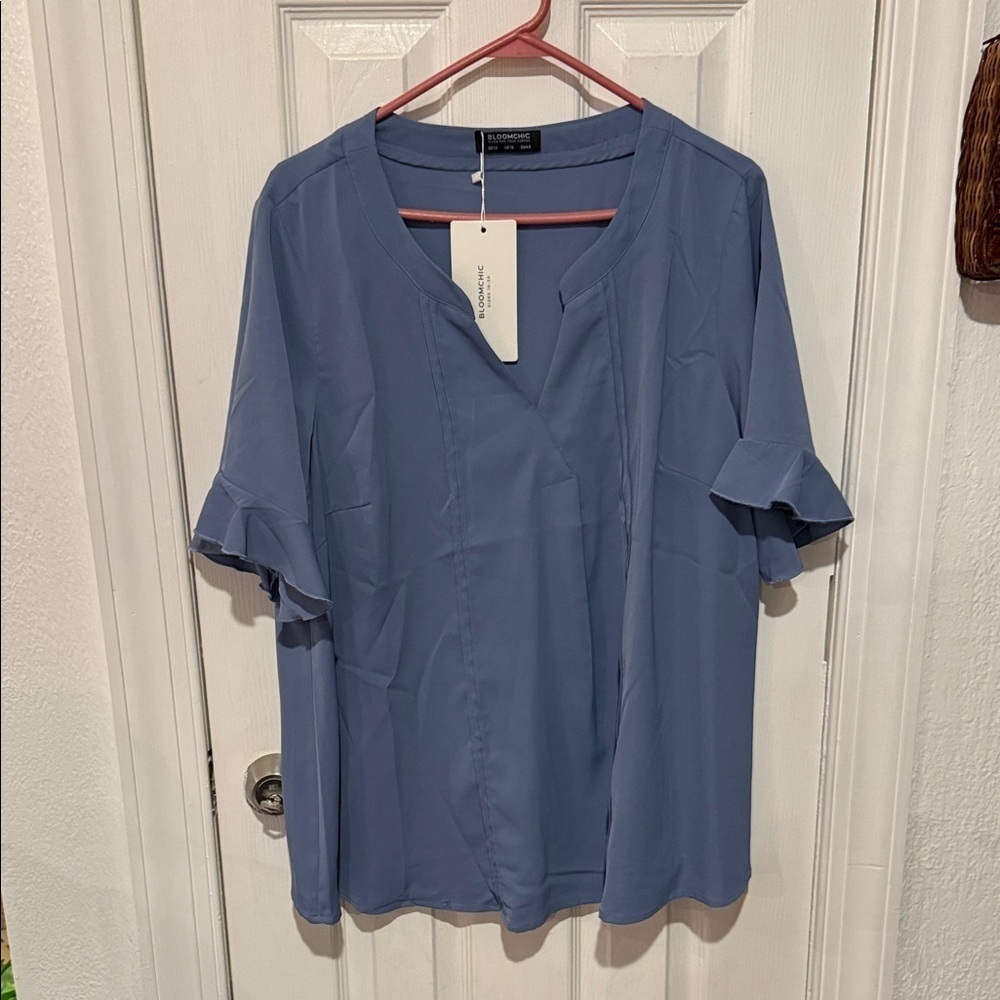 BloomChic Women's Blue Ruffle Sleeve Blouse
